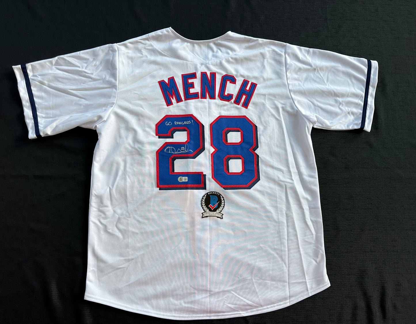 KEVIN MENCH TEXAS RANGERS SIGNED JERSEY w/GO RANGERS! BAS COA