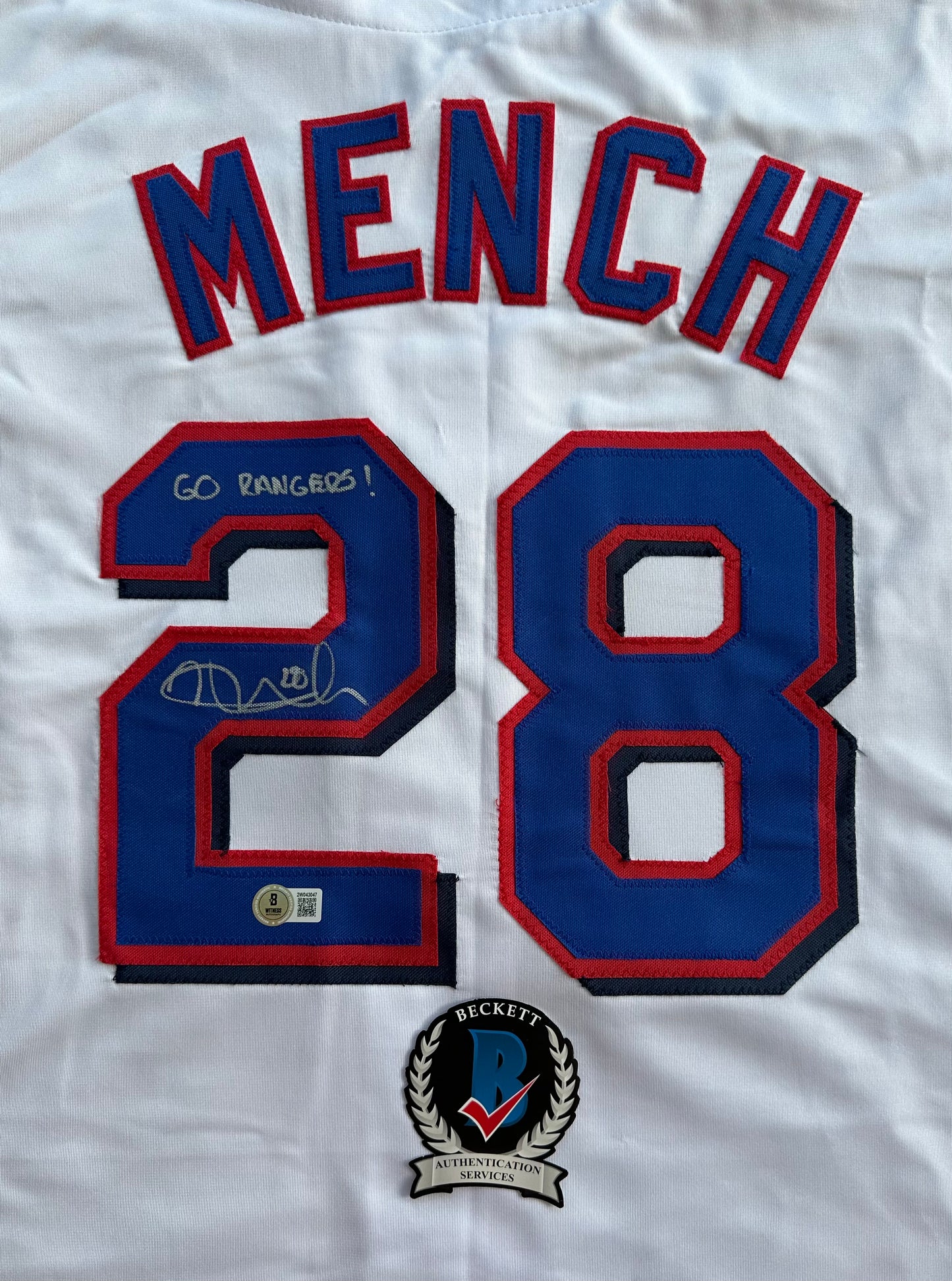 KEVIN MENCH TEXAS RANGERS SIGNED JERSEY w/GO RANGERS! BAS COA