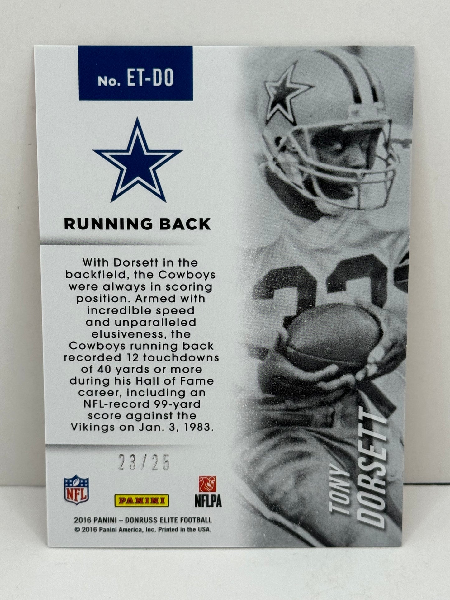 2016 Donruss Elite Tony Dorsett Etched In Time #/25 #ET-DO