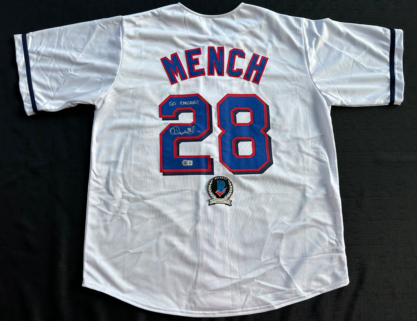 KEVIN MENCH TEXAS RANGERS SIGNED JERSEY w/GO RANGERS! BAS COA