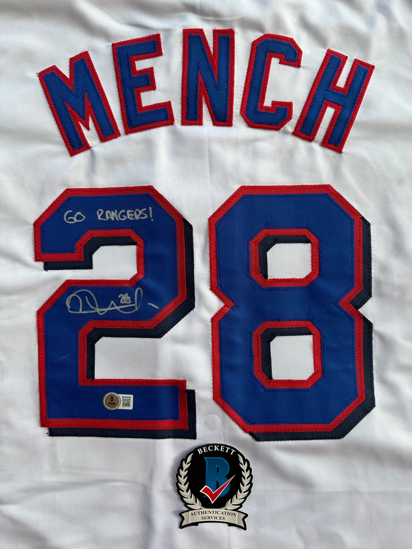 KEVIN MENCH TEXAS RANGERS SIGNED JERSEY w/GO RANGERS! BAS COA