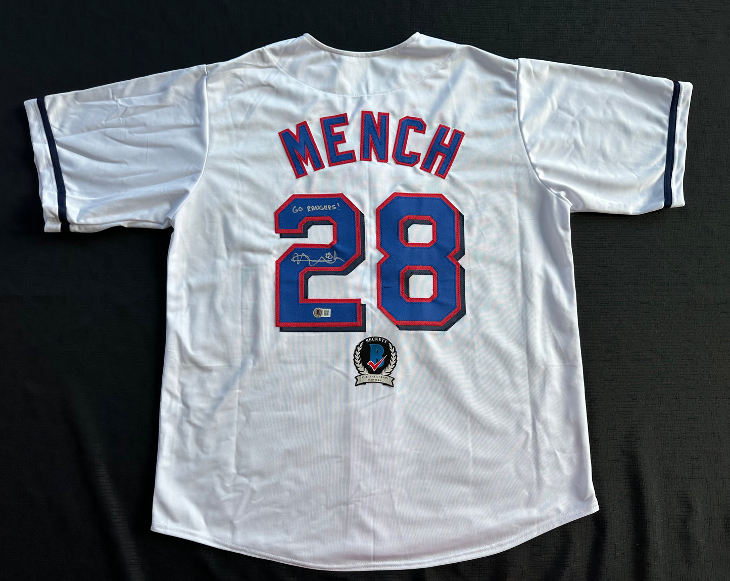 KEVIN MENCH TEXAS RANGERS SIGNED JERSEY w/GO RANGERS! BAS COA