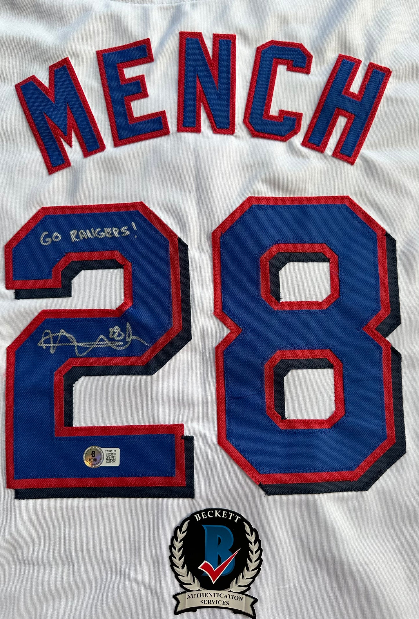 KEVIN MENCH TEXAS RANGERS SIGNED JERSEY w/GO RANGERS! BAS COA