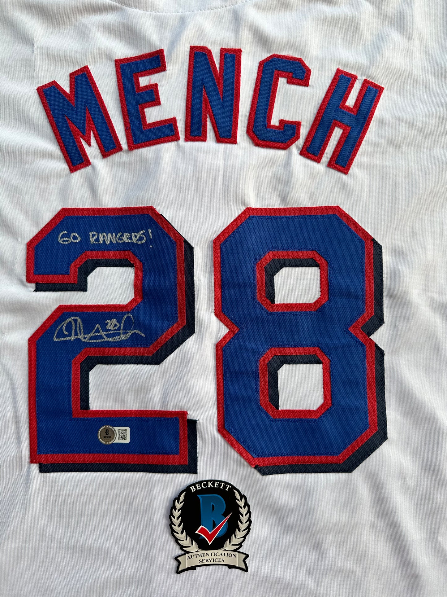 KEVIN MENCH TEXAS RANGERS SIGNED JERSEY w/GO RANGERS! BAS COA