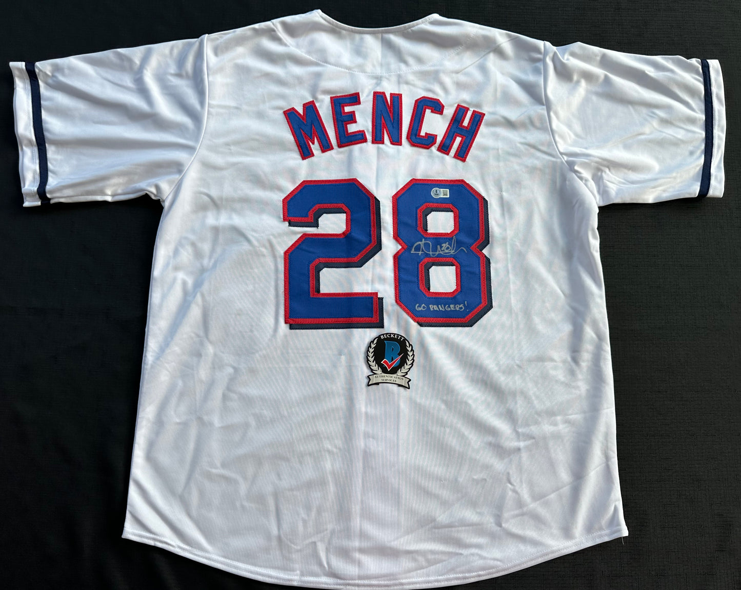 KEVIN MENCH TEXAS RANGERS SIGNED JERSEY w/GO RANGERS! BAS COA