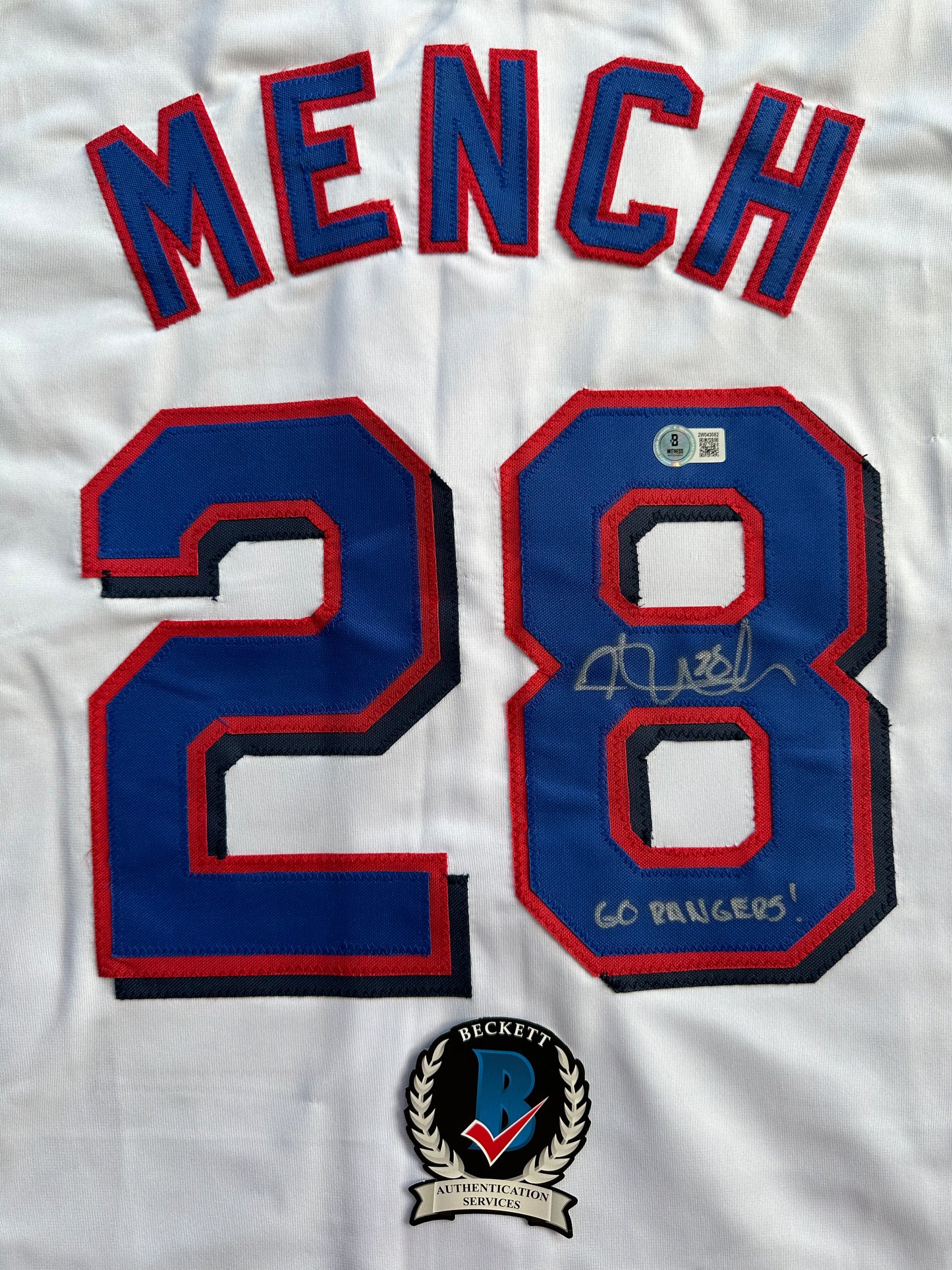 KEVIN MENCH TEXAS RANGERS SIGNED JERSEY w/GO RANGERS! BAS COA