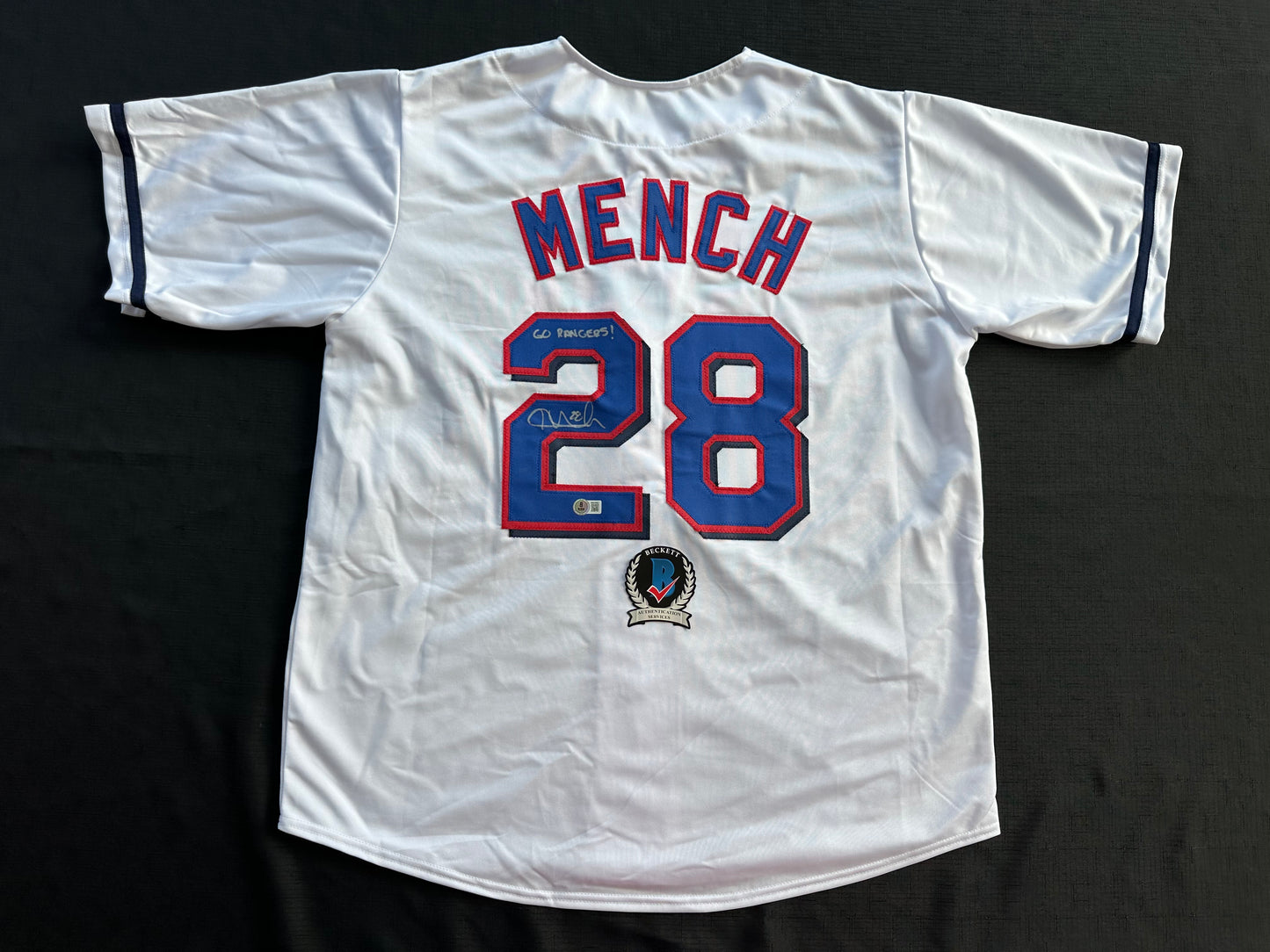 KEVIN MENCH TEXAS RANGERS SIGNED JERSEY w/GO RANGERS! BAS COA