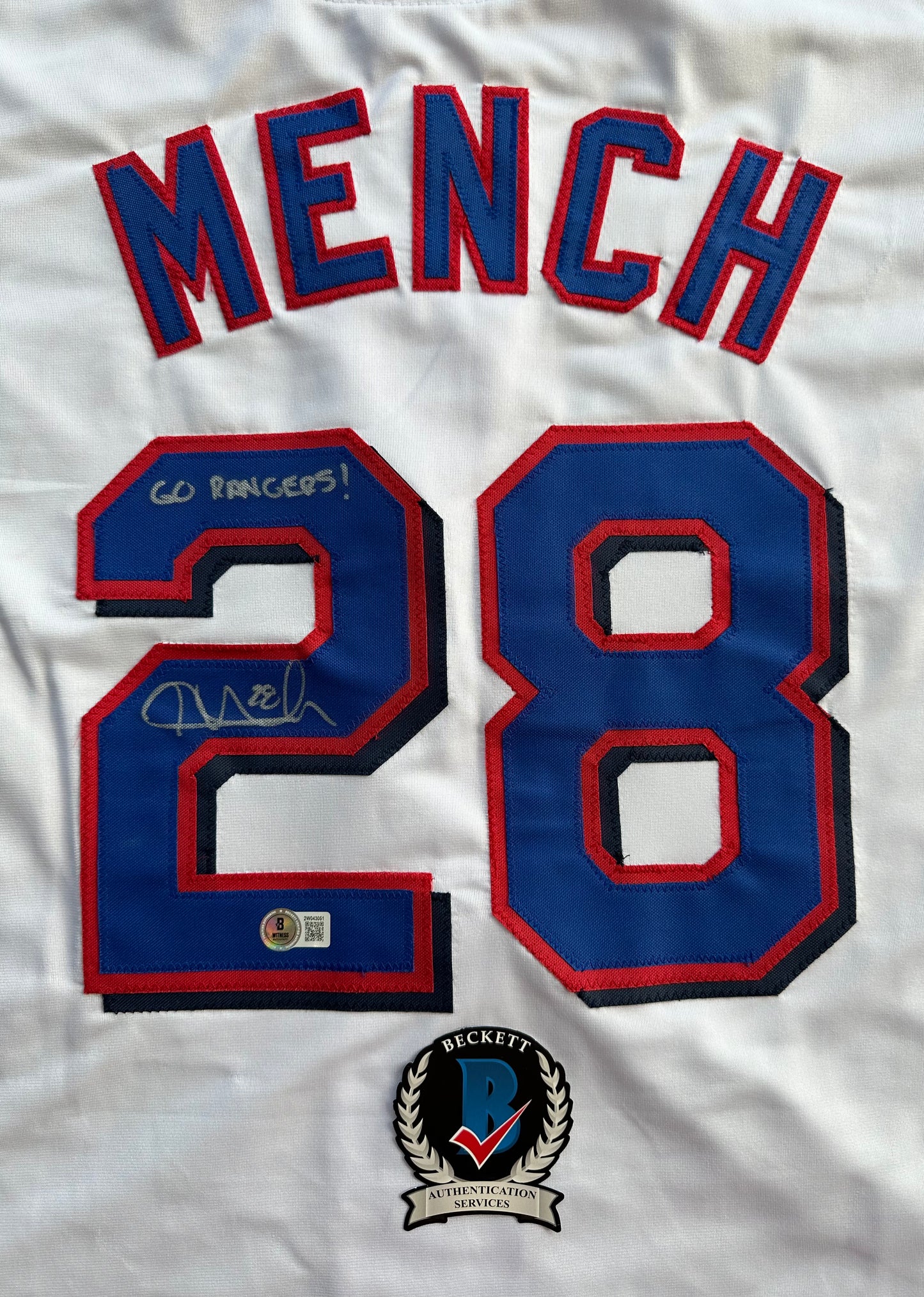 KEVIN MENCH TEXAS RANGERS SIGNED JERSEY w/GO RANGERS! BAS COA