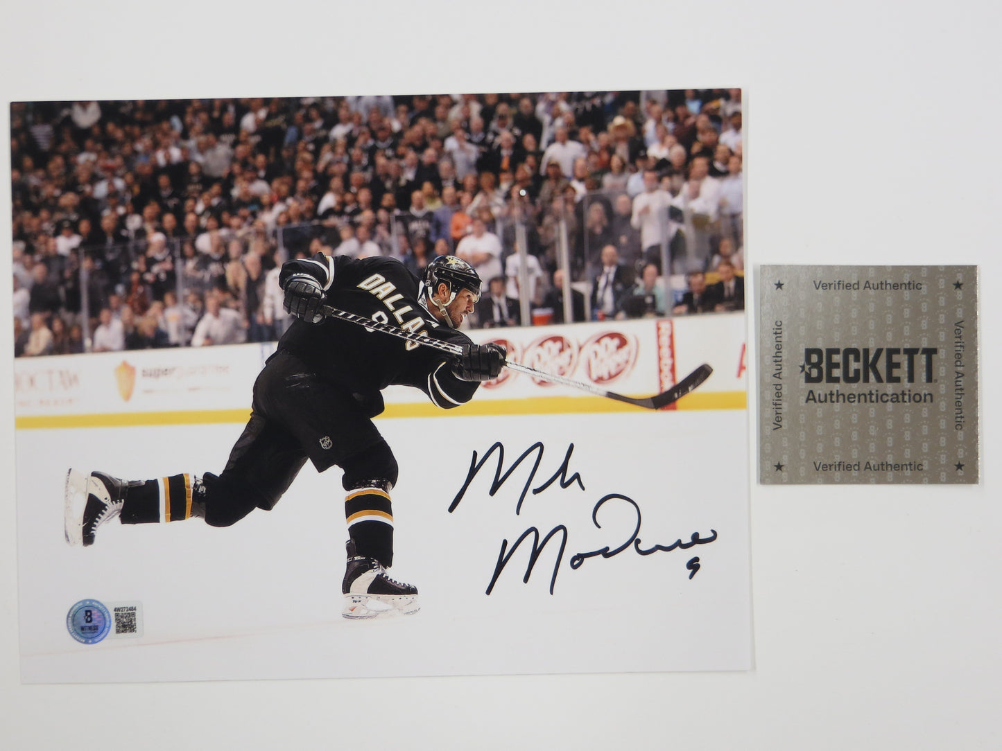 MIKE MODANO DALLAS STARS SIGNED Slap Shot 8x10 PHOTO North Stars BAS COA