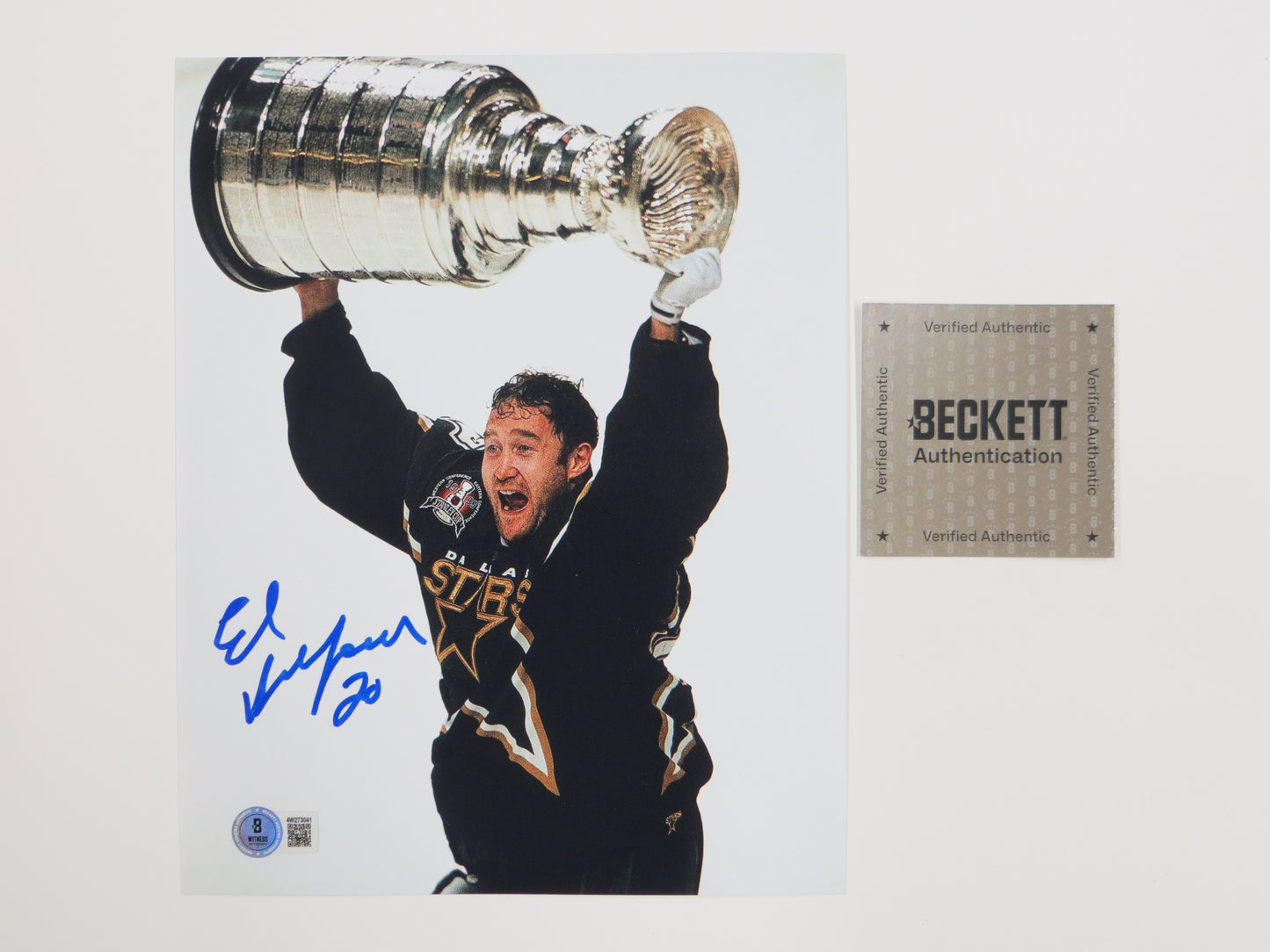 ED BELFOUR DALLAS STARS SIGNED 8x10 PHOTO w/Stanley Cup BAS COA