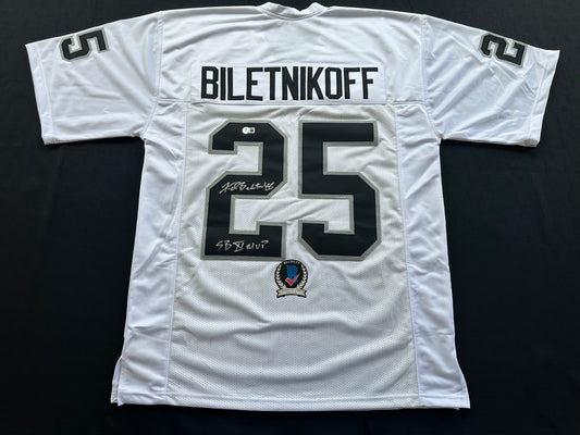 FRED BILETNIKOFF Oakland Raiders SIGNED FOOTBALL WHITE JERSEY XL w/SB XI MVP BAS