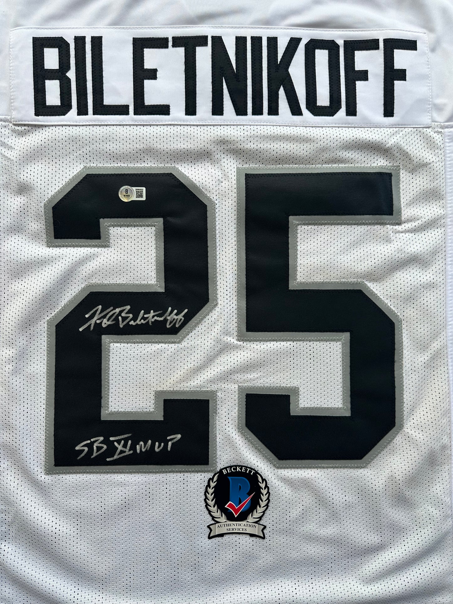 FRED BILETNIKOFF Oakland Raiders SIGNED FOOTBALL WHITE JERSEY XL w/SB XI MVP BAS