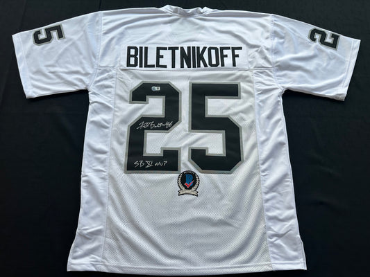 FRED BILETNIKOFF Oakland Raiders SIGNED FOOTBALL WHITE JERSEY XL w/SB XI MVP BAS