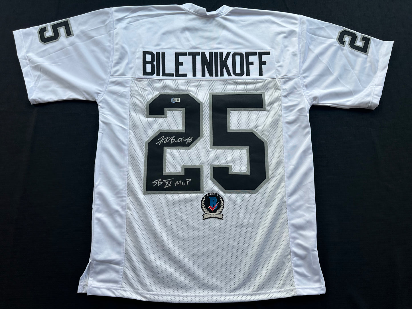 FRED BILETNIKOFF Oakland Raiders SIGNED FOOTBALL WHITE JERSEY XL w/SB XI MVP BAS