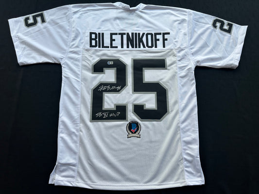 FRED BILETNIKOFF Oakland Raiders SIGNED FOOTBALL WHITE JERSEY XL w/SB XI MVP BAS