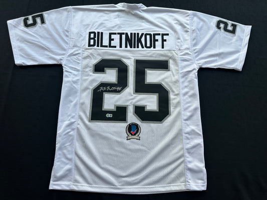 FRED BILETNIKOFF Oakland Raiders SIGNED FOOTBALL WHITE JERSEY XL FSU BAS