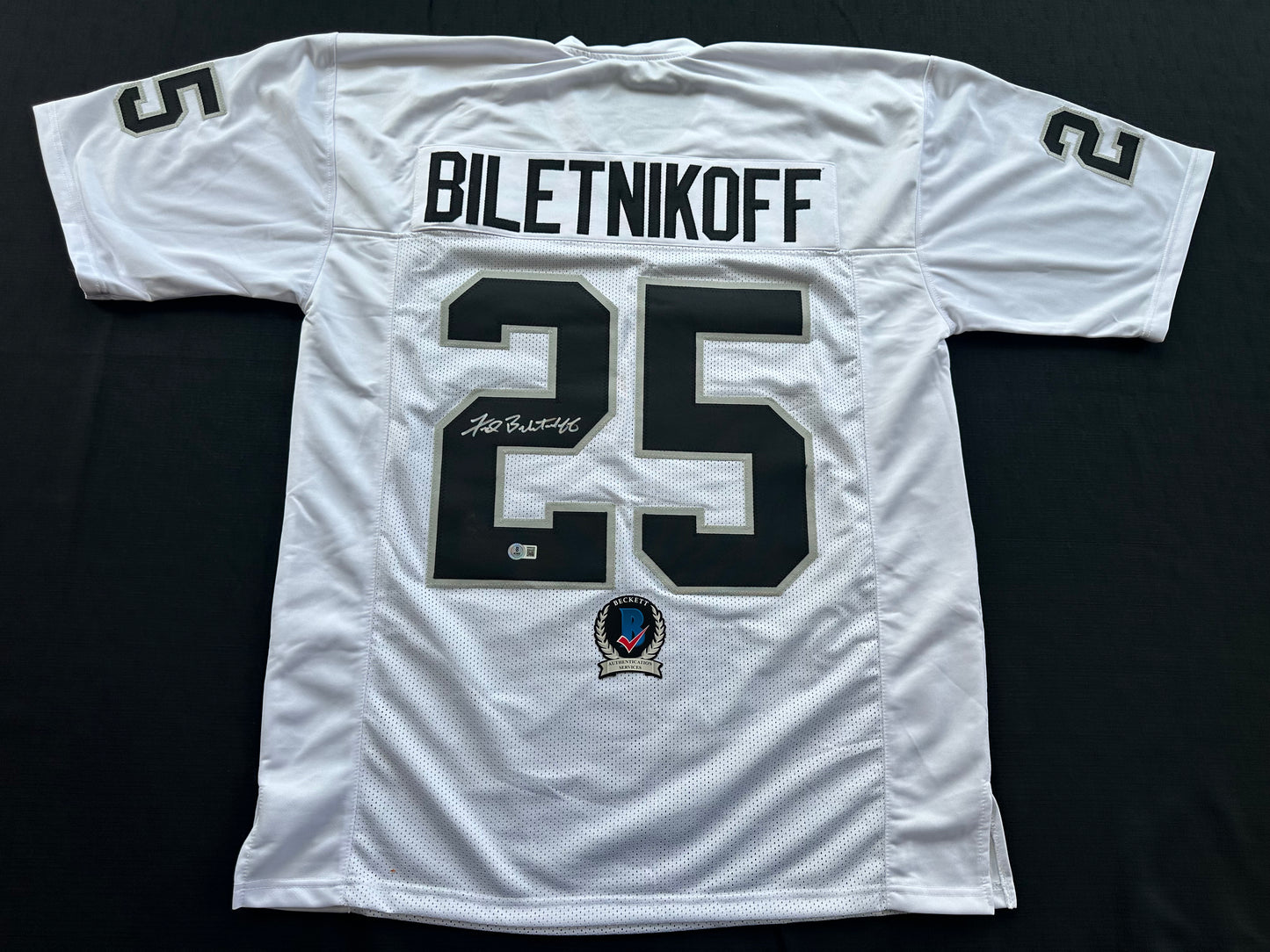 FRED BILETNIKOFF Oakland Raiders SIGNED FOOTBALL WHITE JERSEY XL FSU BAS