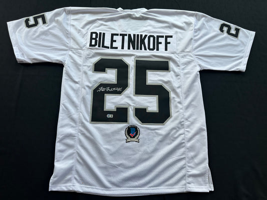 FRED BILETNIKOFF Oakland Raiders SIGNED FOOTBALL WHITE JERSEY XL FSU BAS
