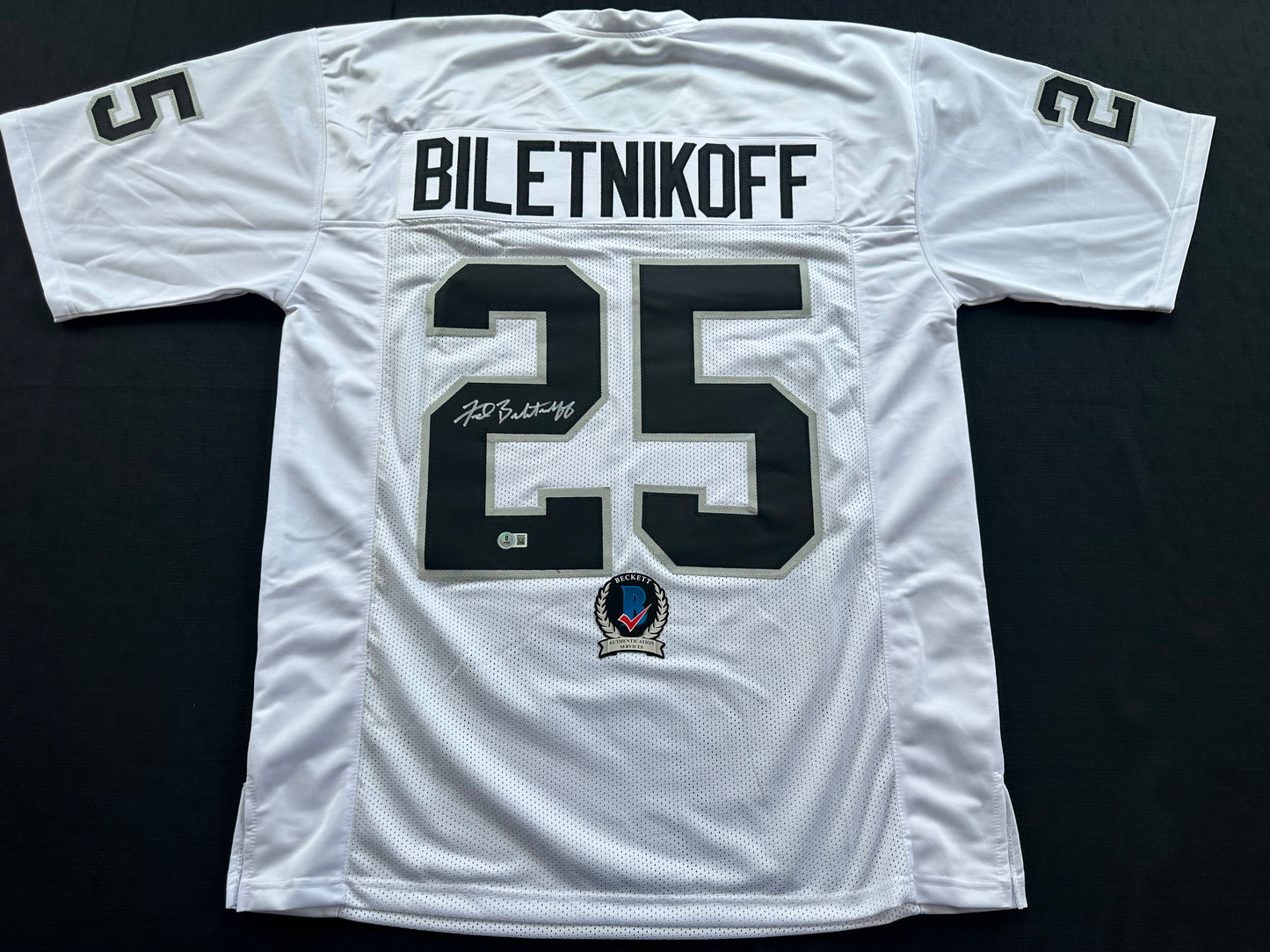 FRED BILETNIKOFF Oakland Raiders SIGNED FOOTBALL WHITE JERSEY XL FSU BAS