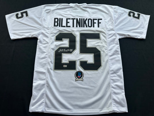 FRED BILETNIKOFF Oakland Raiders SIGNED FOOTBALL WHITE JERSEY XL FSU BAS