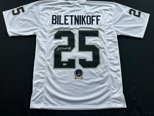 FRED BILETNIKOFF Oakland Raiders SIGNED FOOTBALL WHITE JERSEY XL FSU BAS