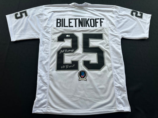 FRED BILETNIKOFF Oakland Raiders SIGNED FOOTBALL WHITE JERSEY XL w/SB XI MVP BAS