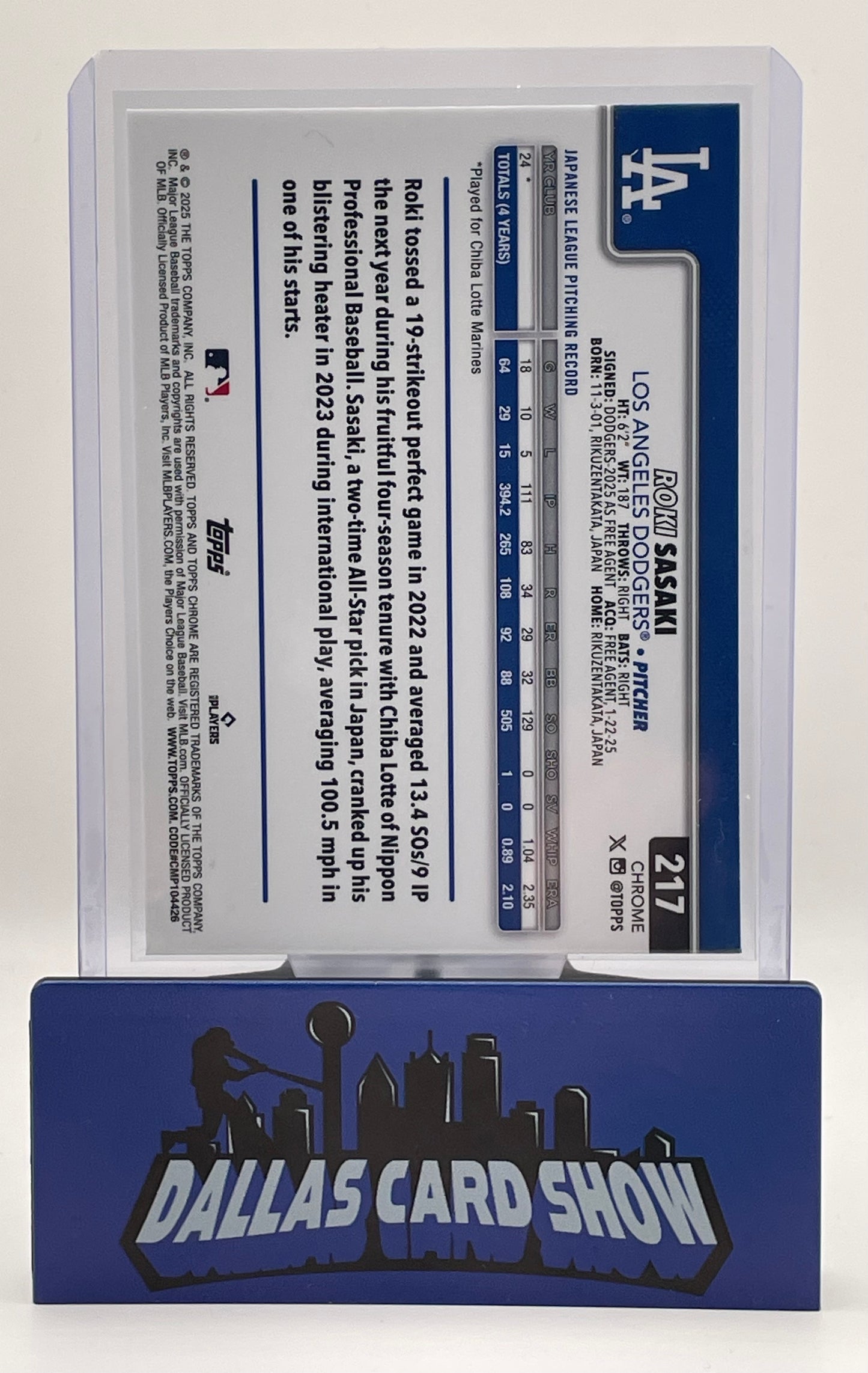2025 Topps Chrome Sapphire #217 Roki Sasaki Rookie RC