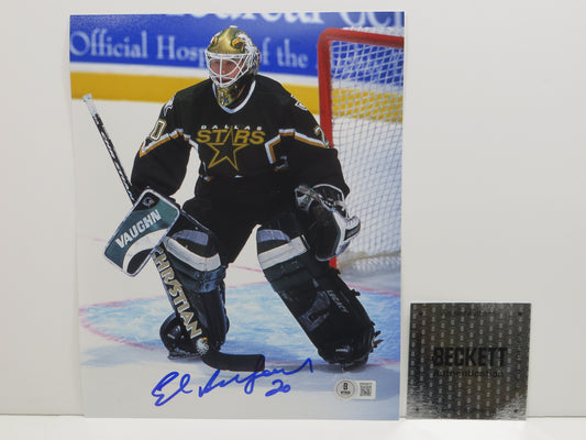 ED BELFOUR Dallas Stars SIGNED In Goal 8x10 PHOTO Leafs Blackhawks BAS COA