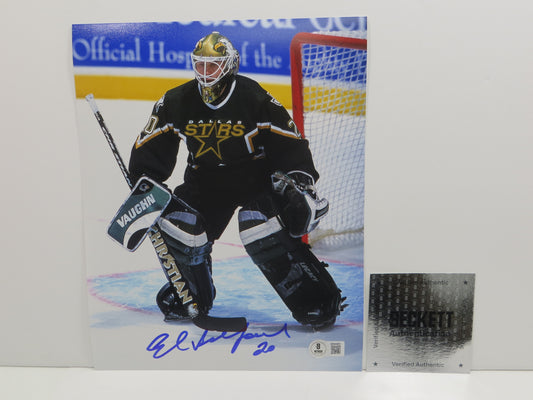 ED BELFOUR Dallas Stars SIGNED In Goal 8x10 PHOTO Leafs Blackhawks BAS COA