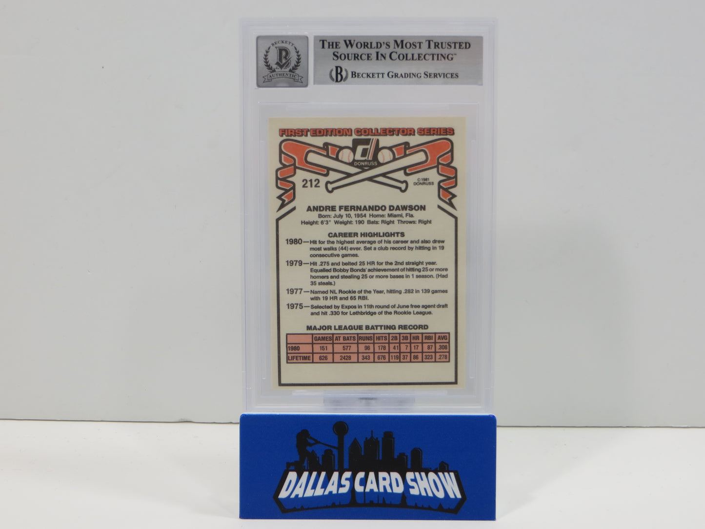 ANDRE DAWSON SIGNED 1981 Donruss Baseball #212 BGS BAS SLAB AUTO 10 Cubs Marlins