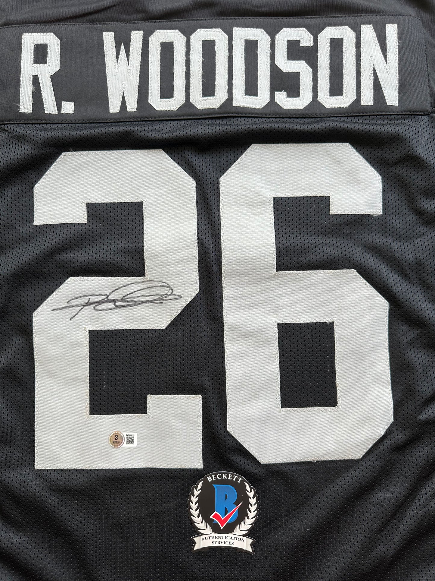 ROD WOODSON Oakland Raiders SIGNED FOOTBALL JERSEY XL Steelers Purdue BAS COA