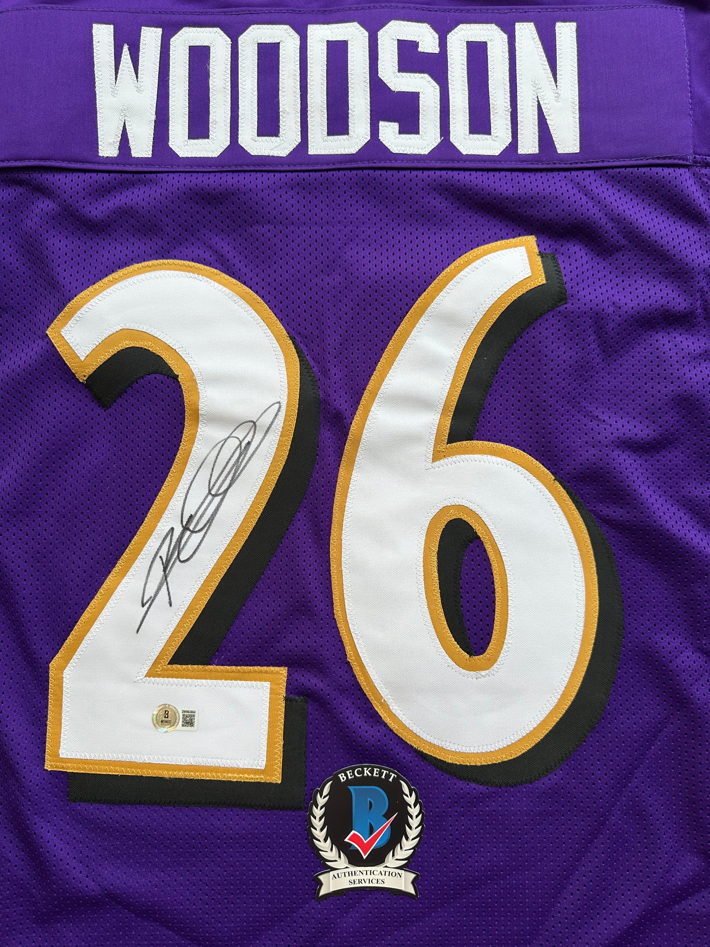 ROD WOODSON Baltimore Ravens SIGNED FOOTBALL JERSEY XL Raiders Purdue BAS COA