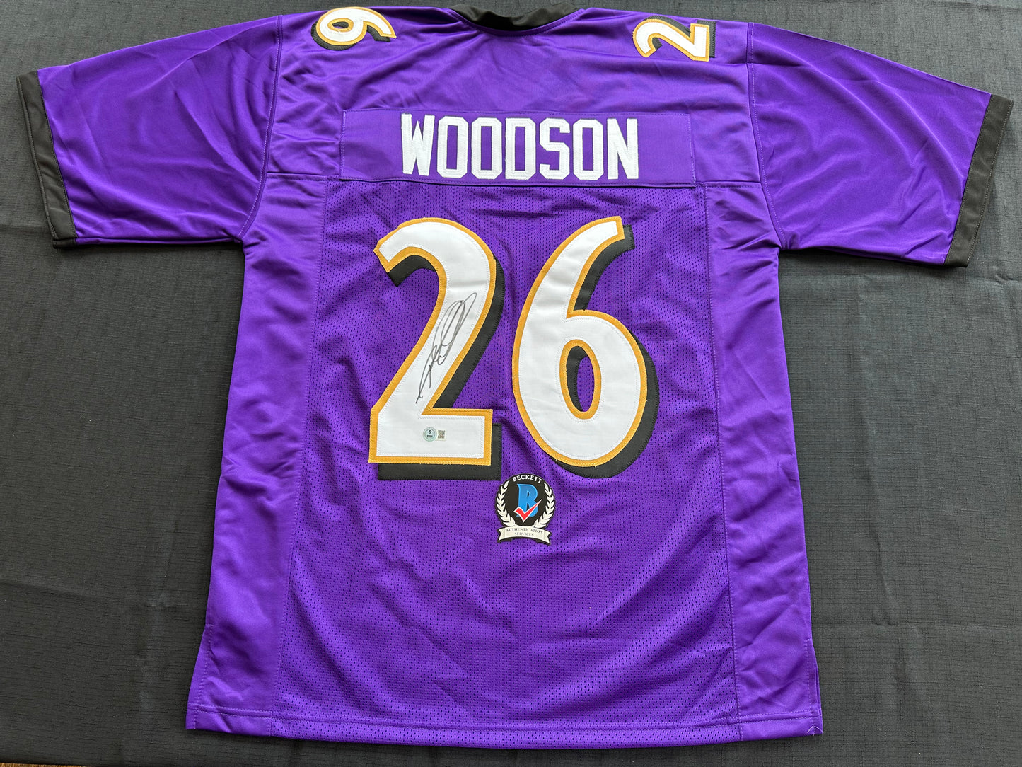ROD WOODSON Baltimore Ravens SIGNED FOOTBALL JERSEY XL Raiders Purdue BAS COA