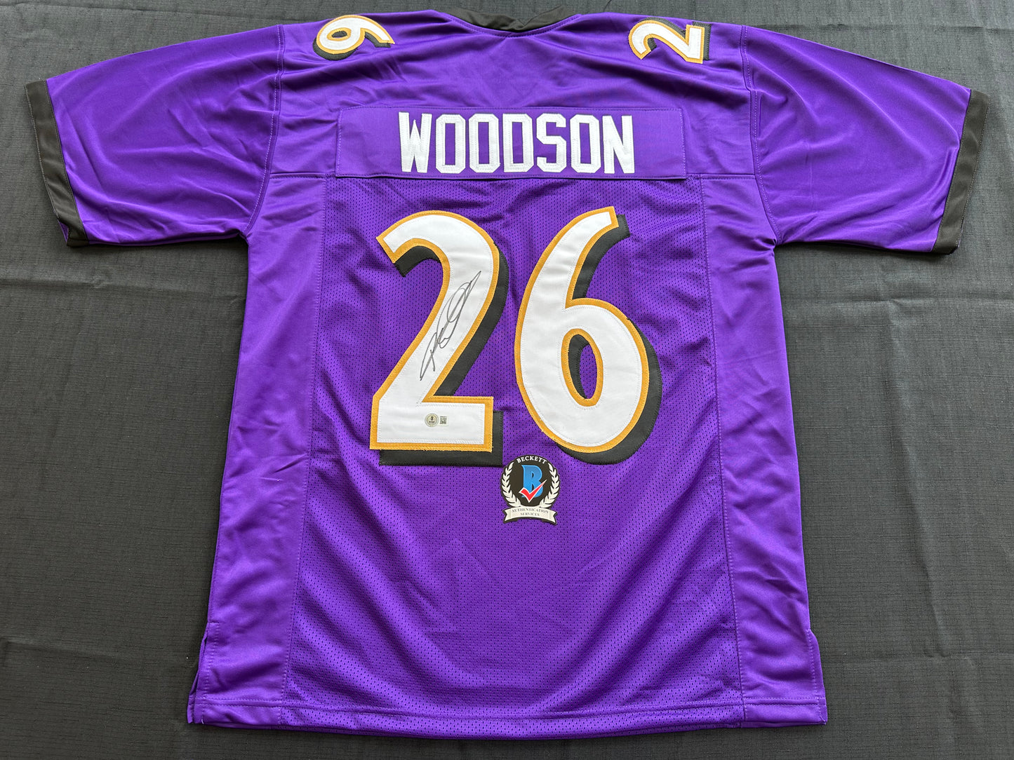 ROD WOODSON Baltimore Ravens SIGNED FOOTBALL JERSEY XL Raiders Purdue BAS COA
