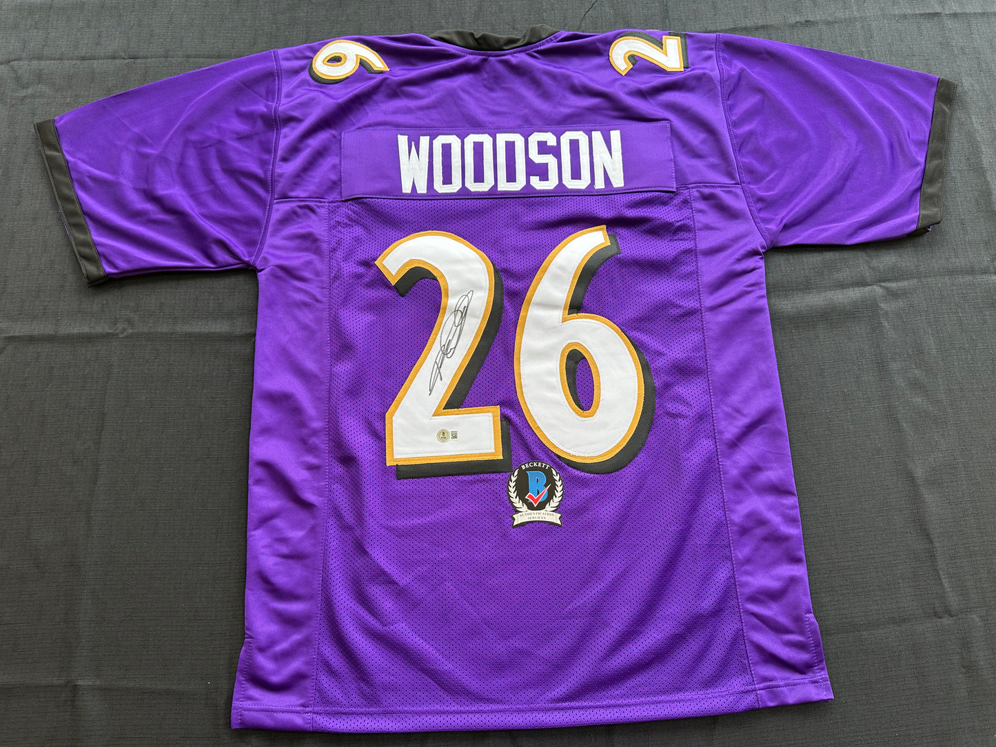 ROD WOODSON Baltimore Ravens SIGNED FOOTBALL JERSEY XL Raiders Purdue BAS COA