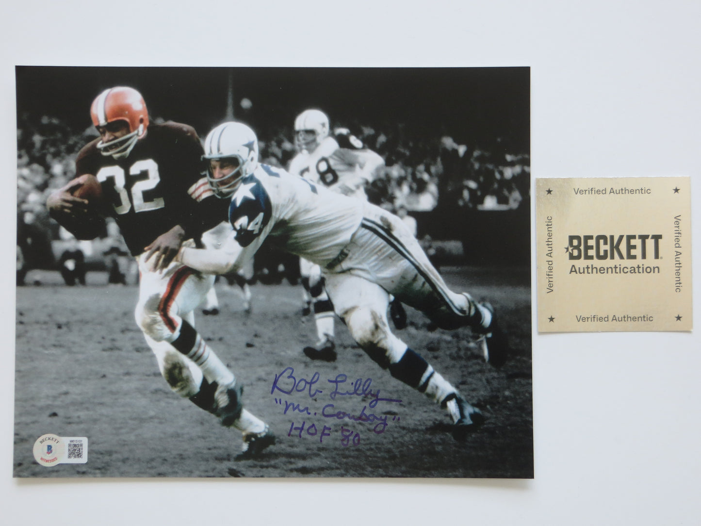 BOB LILLY DALLAS COWBOYS SIGNED 8x10 PHOTO Jim Brown w/HOF BAS