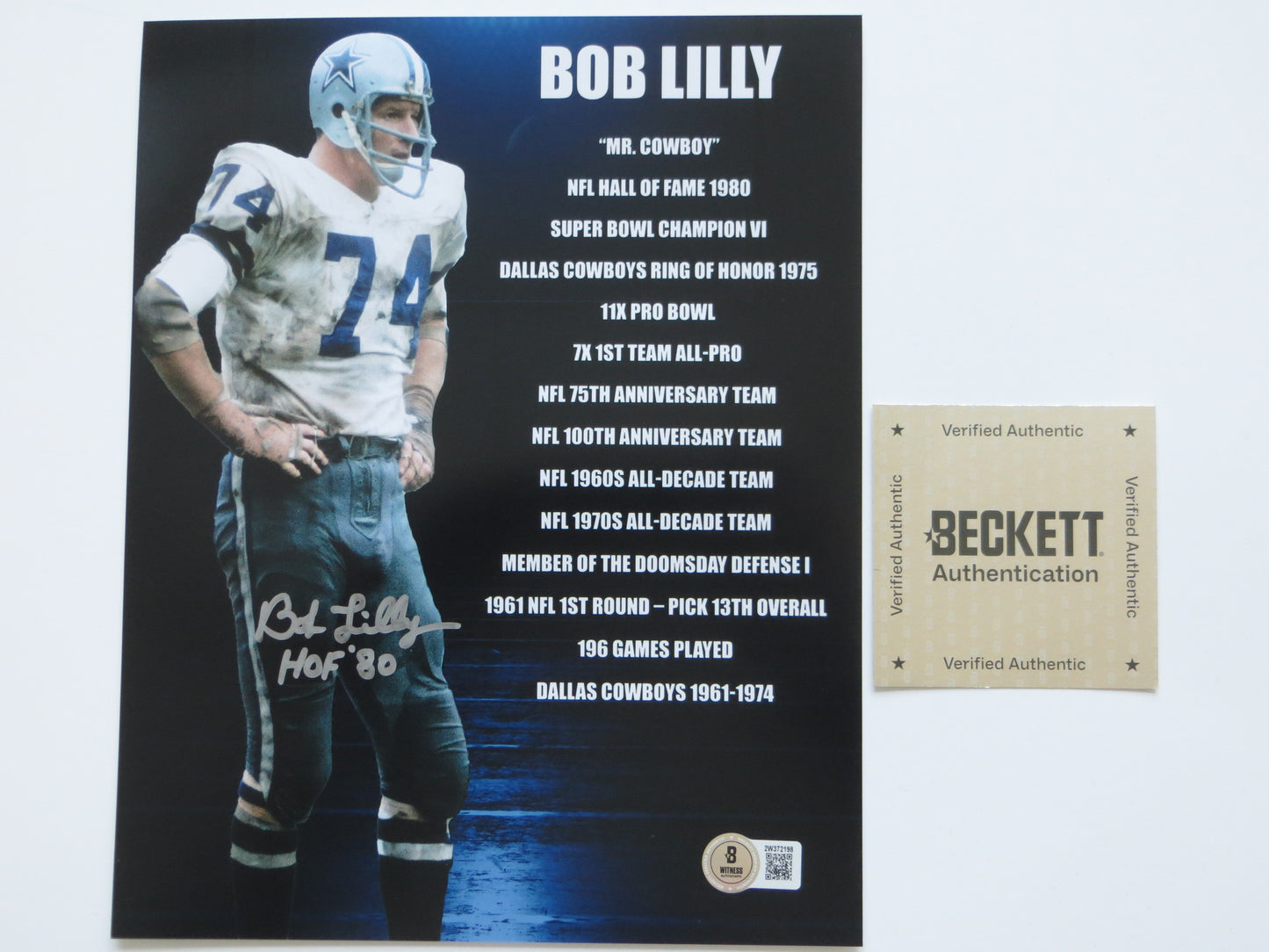 BOB LILLY COWBOYS SIGNED 8x10 PHOTO w/2 INSC TCU BAS COA