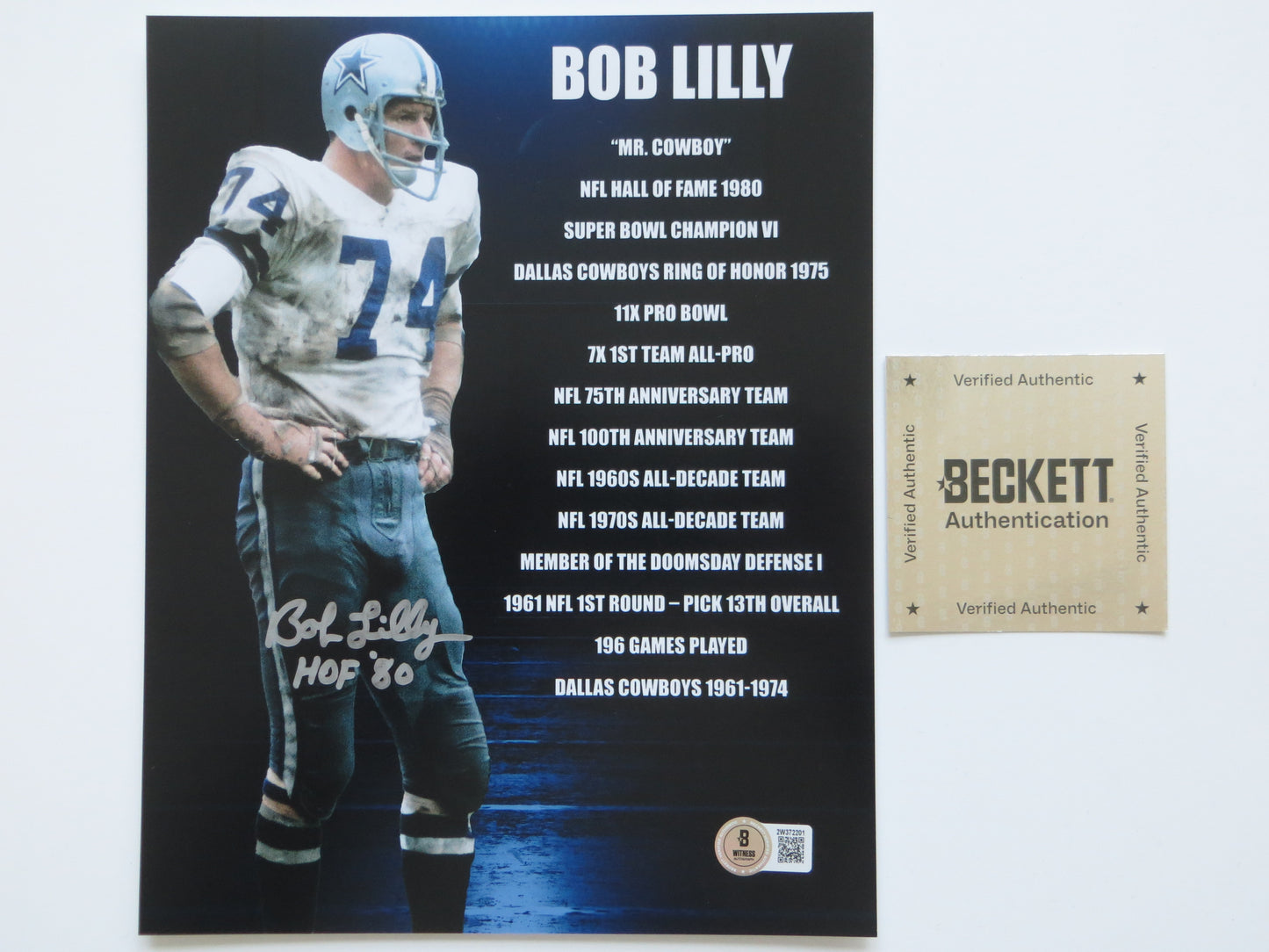 BOB LILLY COWBOYS SIGNED 8x10 PHOTO w/2 INSC TCU BAS COA