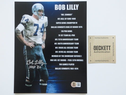 BOB LILLY COWBOYS SIGNED 8x10 PHOTO w/2 INSC TCU BAS COA