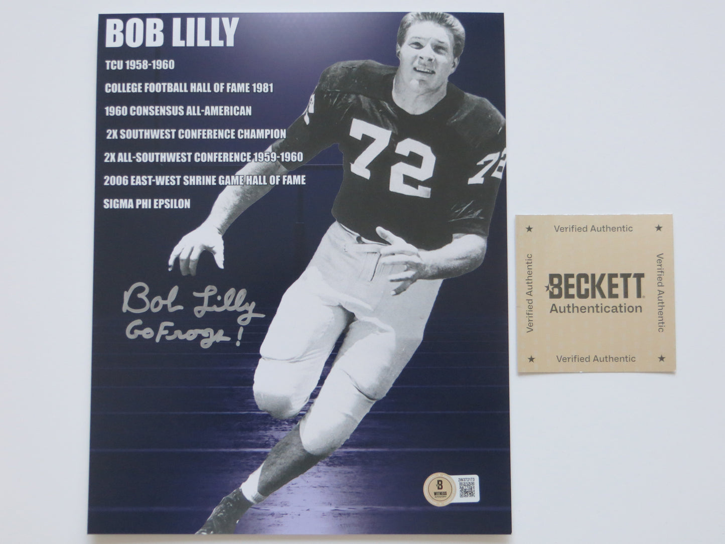 BOB LILLY TCU HORNED FROGS SIGNED Career Stats 8x10 PHOTO BAS