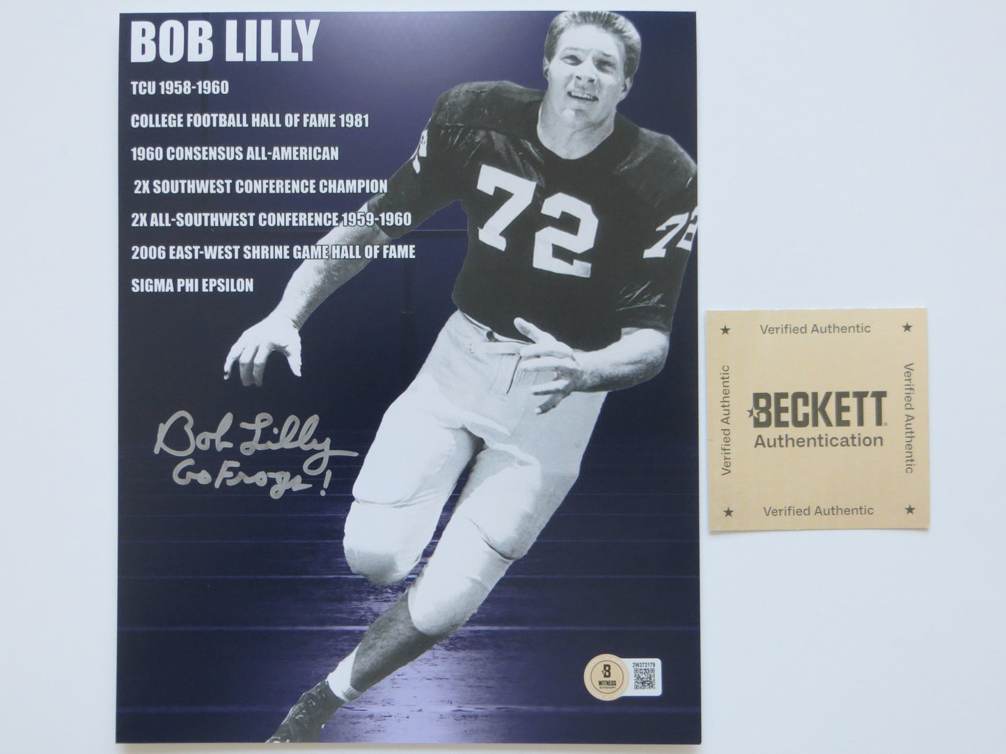 BOB LILLY TCU HORNED FROGS SIGNED 8x10 PHOTO w/GoFrogs! BAS