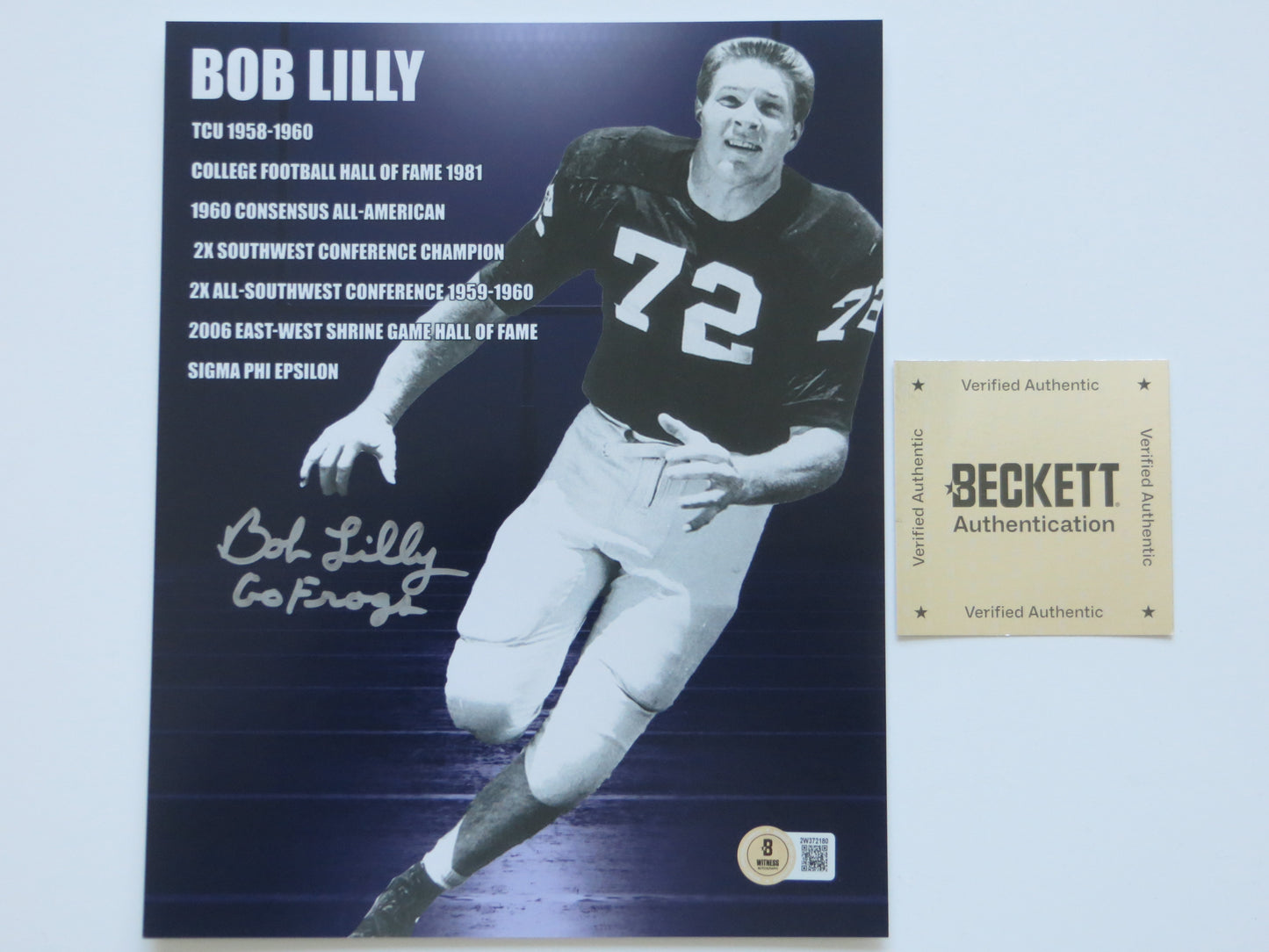 BOB LILLY TCU HORNED FROGS SIGNED 8x10 PHOTO w/GoFrogs! BAS