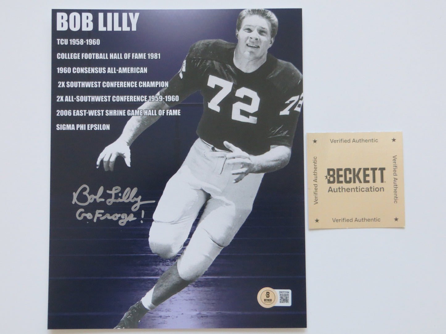 BOB LILLY TCU HORNED FROGS SIGNED 8x10 PHOTO w/GoFrogs! BAS