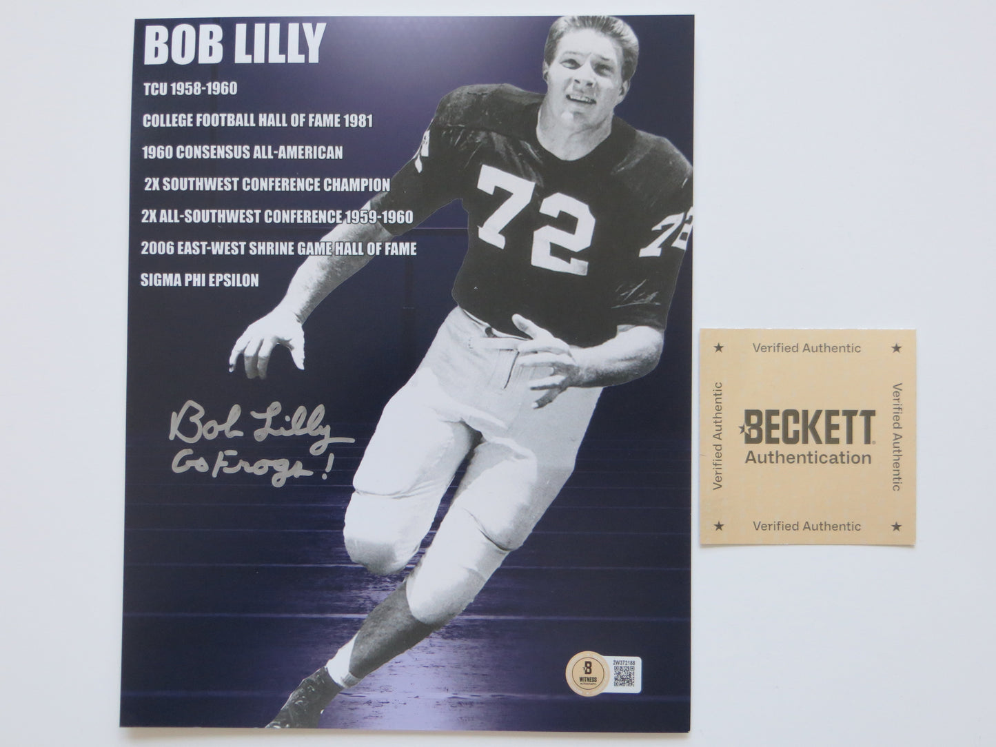 BOB LILLY TCU HORNED FROGS SIGNED 8x10 PHOTO w/GoFrogs! BAS