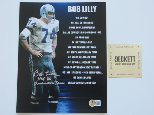 BOB LILLY DALLAS COWBOYS SIGNED 8x10 w/HOF AmericasTeam TCU BAS