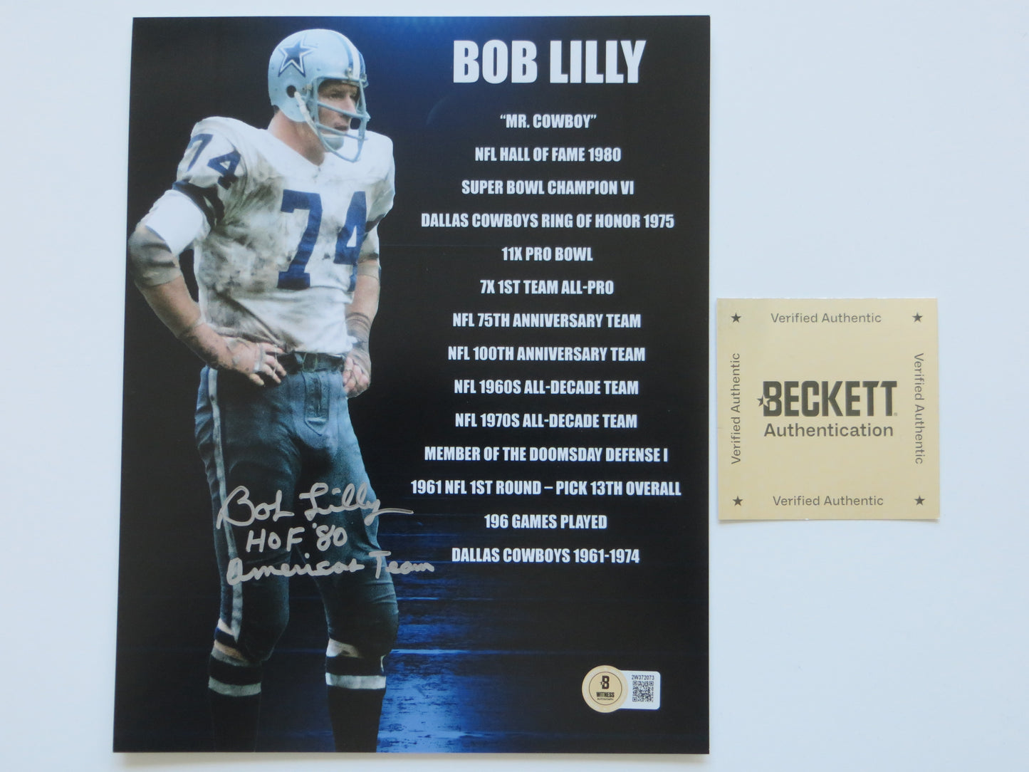 BOB LILLY DALLAS COWBOYS SIGNED 8x10 w/HOF AmericasTeam TCU BAS