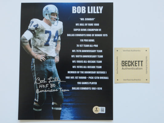BOB LILLY DALLAS COWBOYS SIGNED 8x10 w/HOF AmericasTeam TCU BAS