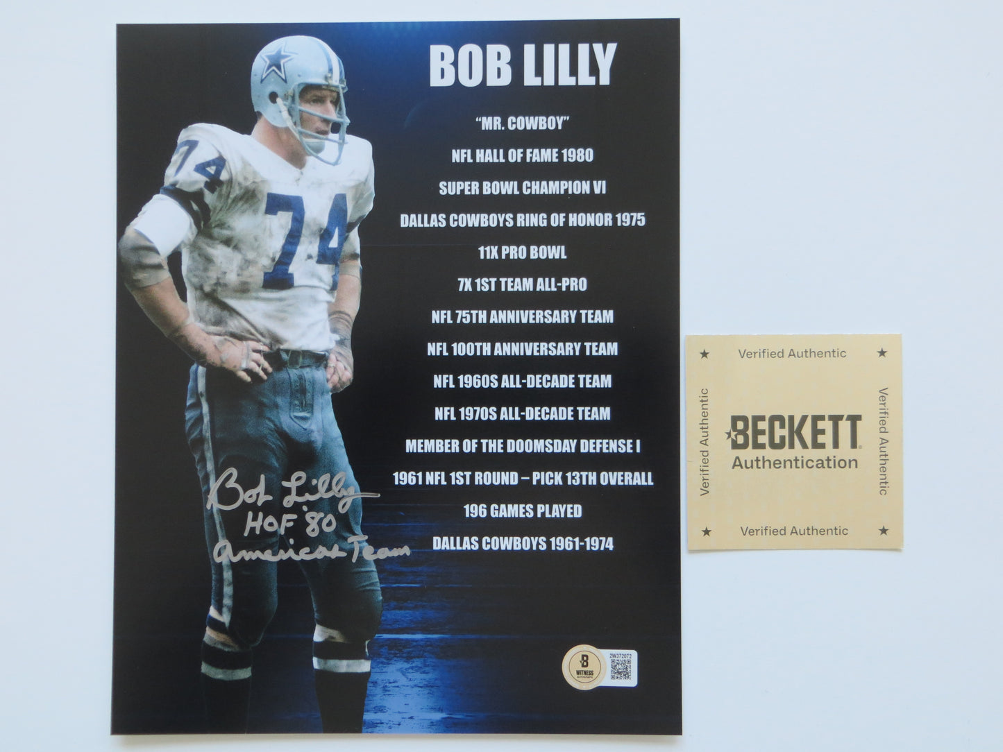 BOB LILLY DALLAS COWBOYS SIGNED 8x10 w/HOF AmericasTeam TCU BAS
