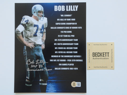 BOB LILLY DALLAS COWBOYS SIGNED 8x10 w/HOF AmericasTeam TCU BAS