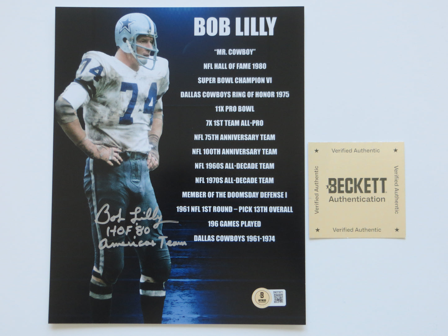 BOB LILLY DALLAS COWBOYS SIGNED 8x10 w/HOF AmericasTeam TCU BAS